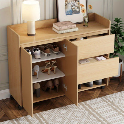 Schoenenkast – Schoenenrek – Schoenenopberger – Schoenkast – Hal Organizer – Mobiel Met Rem – Verstelbare Planken – MDF Hout Metaal – Wit Beige – Soft-Close Deurtje – Ruimtebesparend Design - Houtkleur