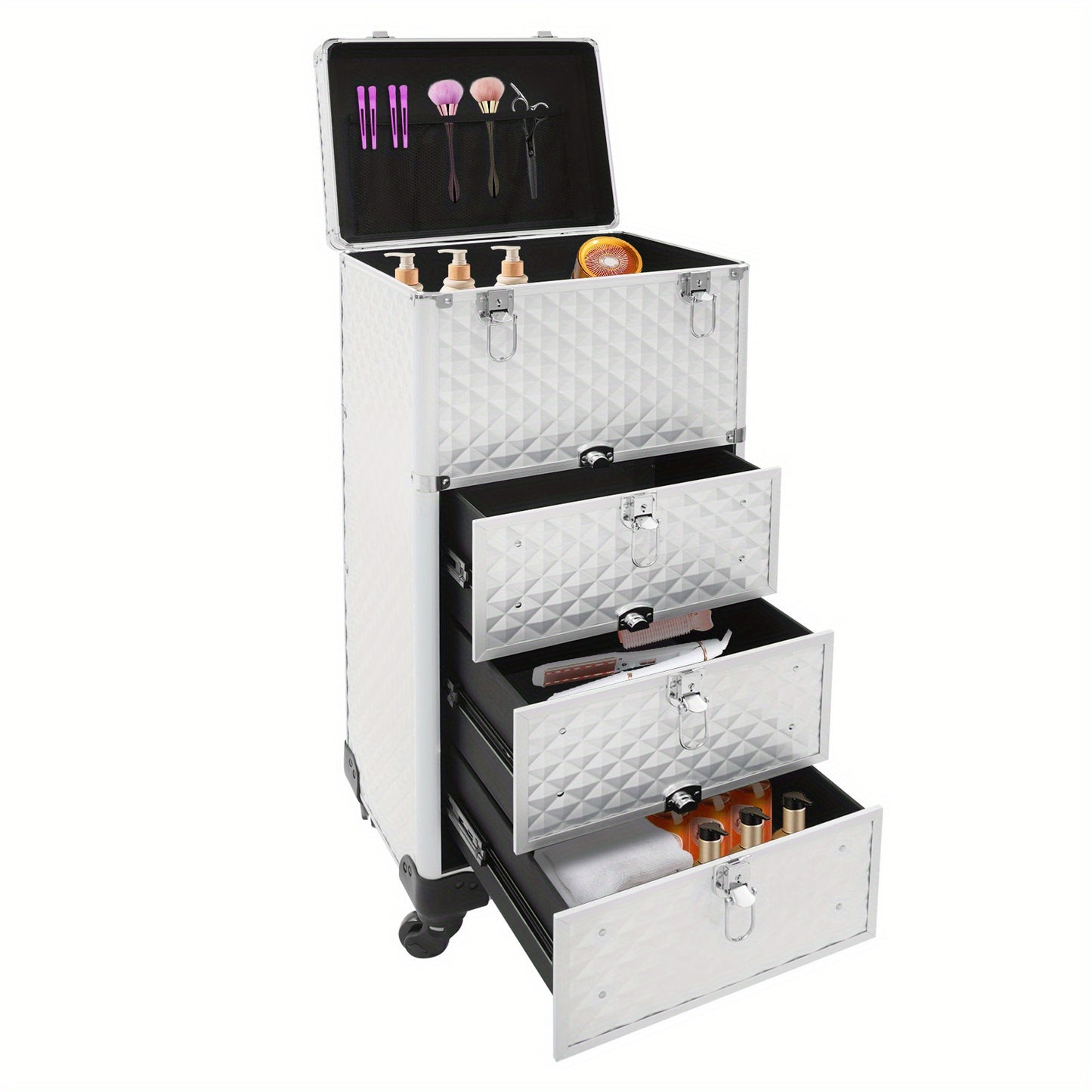 Make-up Koffer – Make-up Organizer – Beauty Koffer – Rolling Case – Salon Trolley – Aluminiumlegering & Duurzaam – 3 Laden & Wieltjes