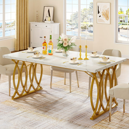 Eettafel – Tafel – Dinertafel – Keukentafel – Dining Table – Grote Witte & Gouden Rechthoekige Eettafel – MDF Marmerlook Blad – Stevig Metalen Frame 81,65 KG draagvermogen