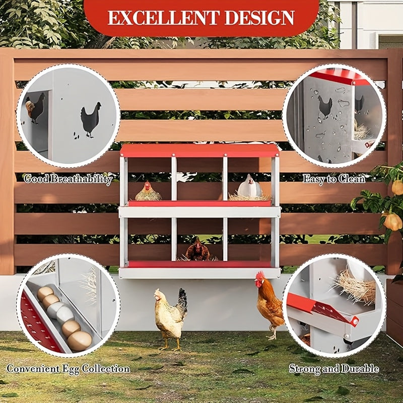 Metal Chicken Nesting Box with Roll-Out Egg Collection, Perch & Vented Holes - Wall-Mountable or Floor-Standing Heavy-Duty Laying Box with Red Roof & Body, Ventilation System, Easy-Clean Design for Indoor/Outdoor Use, Fits Al