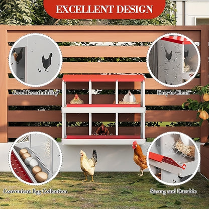 Metal Chicken Nesting Box with Roll-Out Egg Collection, Perch & Vented Holes - Wall-Mountable or Floor-Standing Heavy-Duty Laying Box with Red Roof & Body, Ventilation System, Easy-Clean Design for Indoor/Outdoor Use, Fits Al