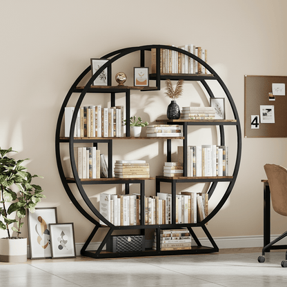Ronde Boekenkast – Boekenplank – Boekenkast – Opbergkast – Displaykast – Rustic Brown – Ruimtebesparend Circulair Design – Stevige Houten Constructie met Zwart Metaallook
