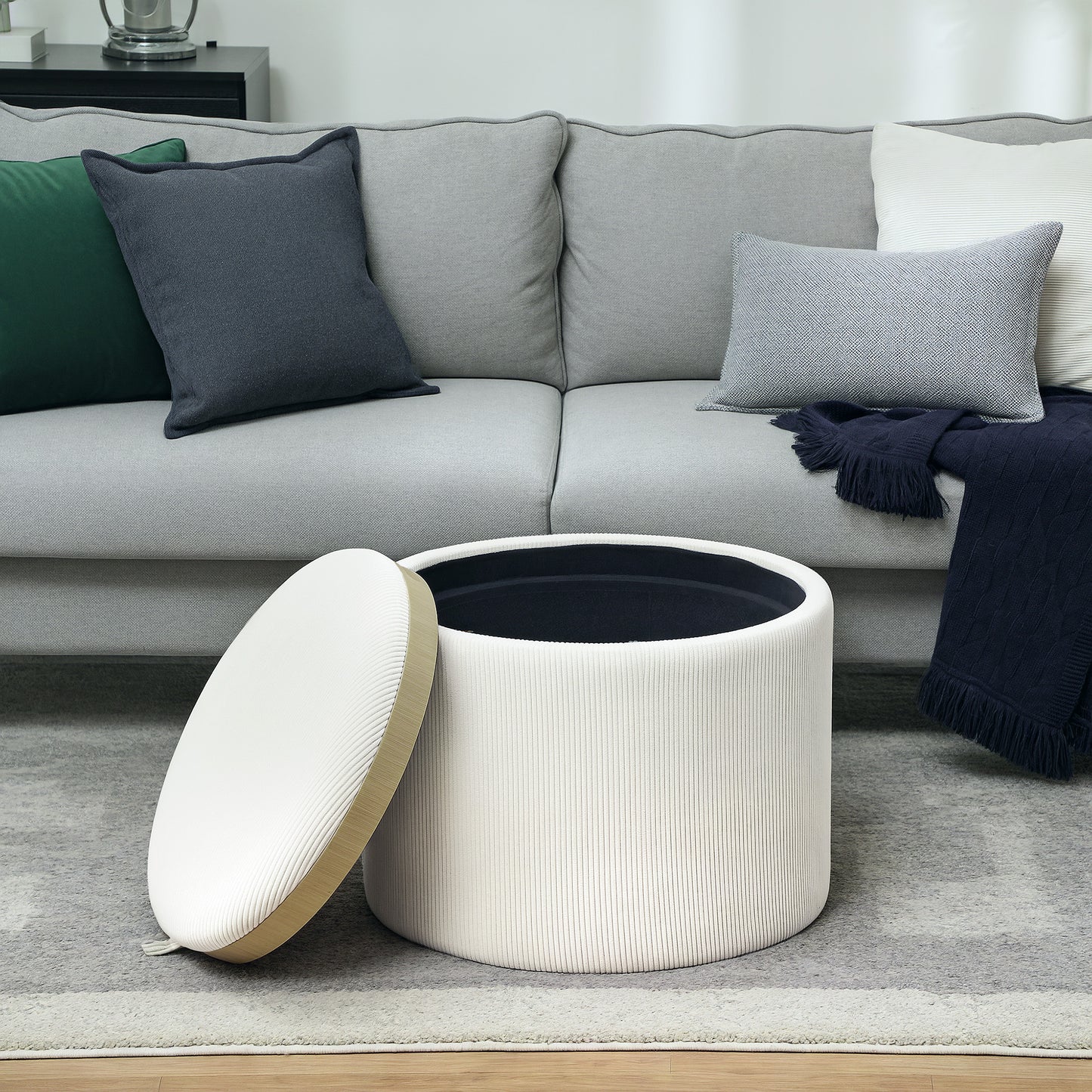Opbergkruk Ronde Kruk Opbergbox Zitkruk Voetensteun – Crème Wit – Corduroy Stof – MDF Frame – Comfortabele Zitting – Handige Opbergruimte
