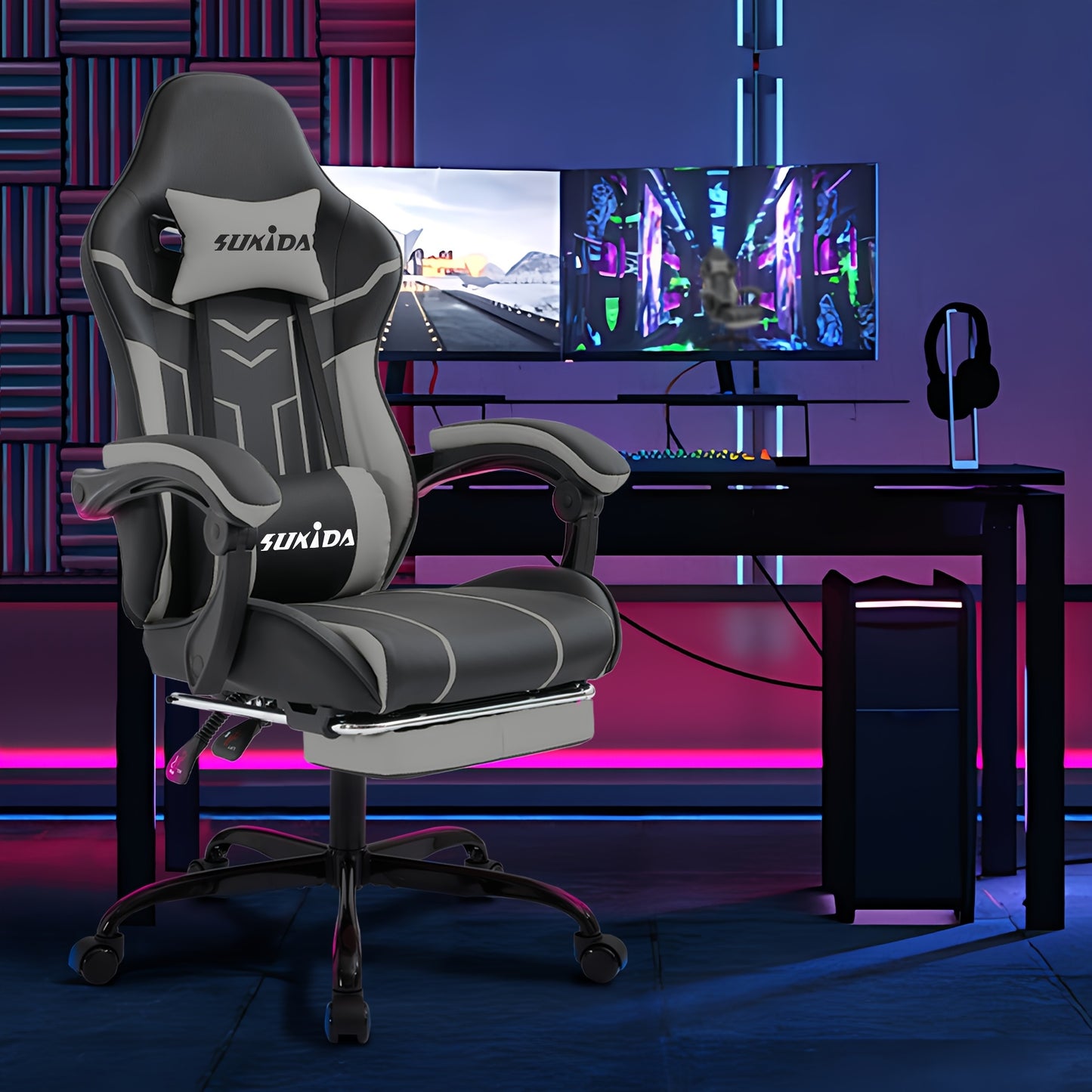 Gamingstoel – Gamestoel – Gaming Chair – Bureaustoel – Game Stoel – Verstelbaar – Met Voetsteun – Breed Zitvlak – Koppelbare Armleuningen – Hoge Rugleuning – 135° Relaxstand – Stille Wieltjes – Zwart-Grijs