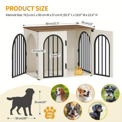 Hondenbench – Hondenkooi – Hondenhok – Dierbench – Huisdierenkooi – Ontsnappingsbestendig & Anti-Knauw – 3 Deuren & Multifunctioneel – Wit/Bruin – 56x80x61 cm