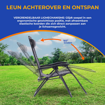 Loungestoel – Tuinstoel – Relaxstoel – Ligstoel – Fauteuil – Verstelbaar Zero Gravity – Weerbestendig Stalen Frame – Inclusief Afneembaar Tafeltje en Bekerhouders – Grijs