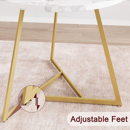 Eettafelset – Eethoek – Keukentafelset – Zitgroep – Tafel en Stoelen – Ronde Tafel Ø 80 cm – Wit Marmerlook Met Goud Metaal – Ruimtebesparend Compact Design – Makkelijk Schoon Te Maken