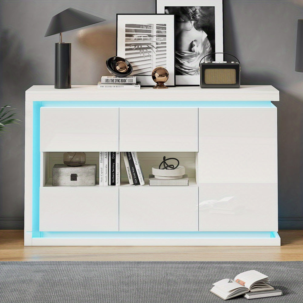 Dressoir – Ladekast – Opbergkast – Buffetkast – Wandkast – Hoogglans Wit – 140x40x84 cm – 4 Compartimenten Met Gehard Glas