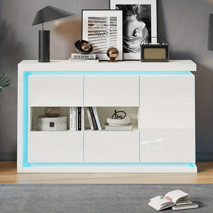 Dressoir – Ladekast – Opbergkast – Buffetkast – Wandkast – Hoogglans Wit – 140x40x84 cm – 4 Compartimenten Met Gehard Glas