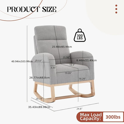Schommelstoel Grijs – Schommelstoel Babykamer – Lounge Stoel Woonkamer – Relaxstoel Slaapkamer – Accentstoel Met Opbergtas – Stevig Rubberhout Frame – Ademend Linnen Bekleding