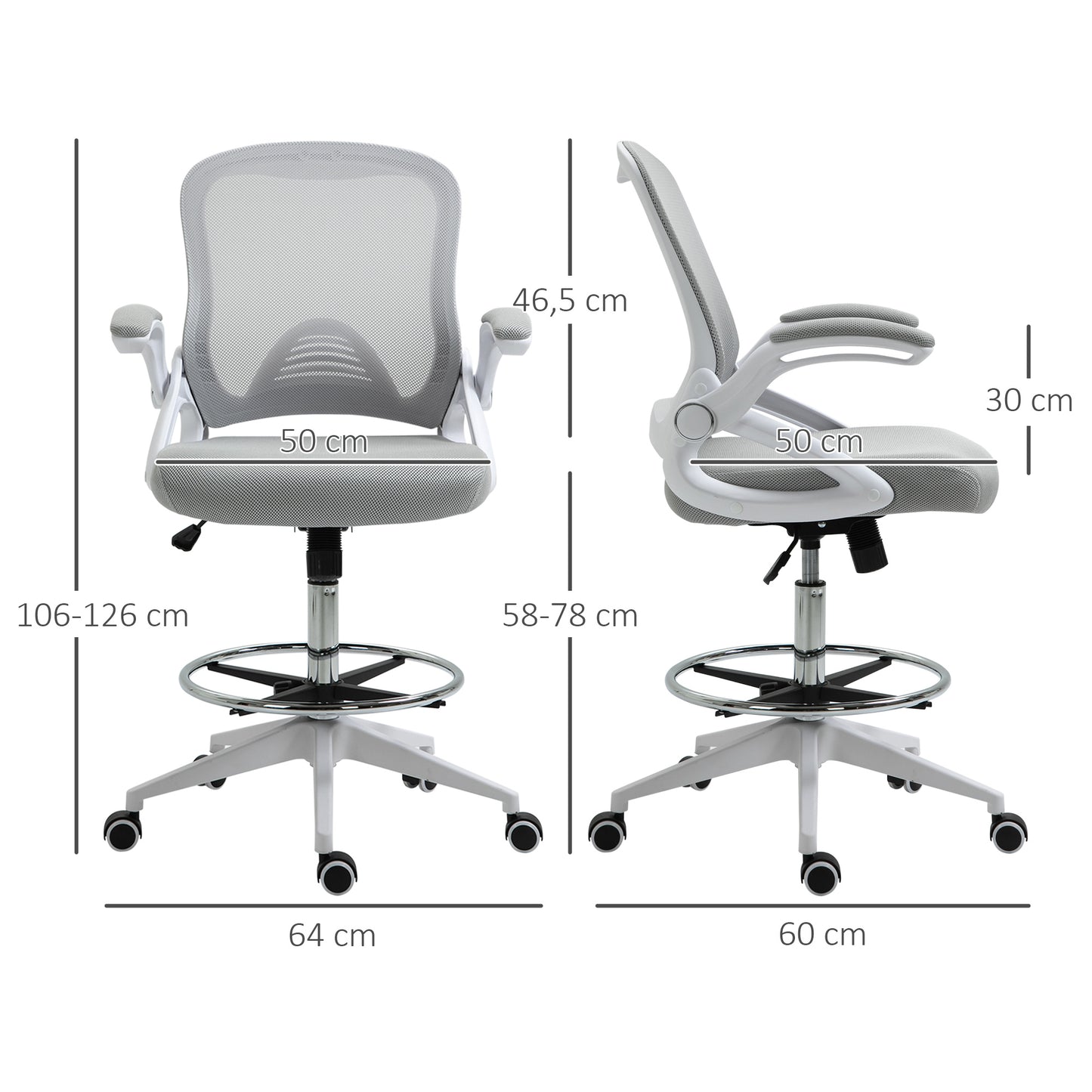 Bureaustoel – Office Chair – Werkstoel – Draaistoel – Bureaustoel Met Wieltjes – Verstelbare Hoogte – Ademend Mesh Grijs-Wit