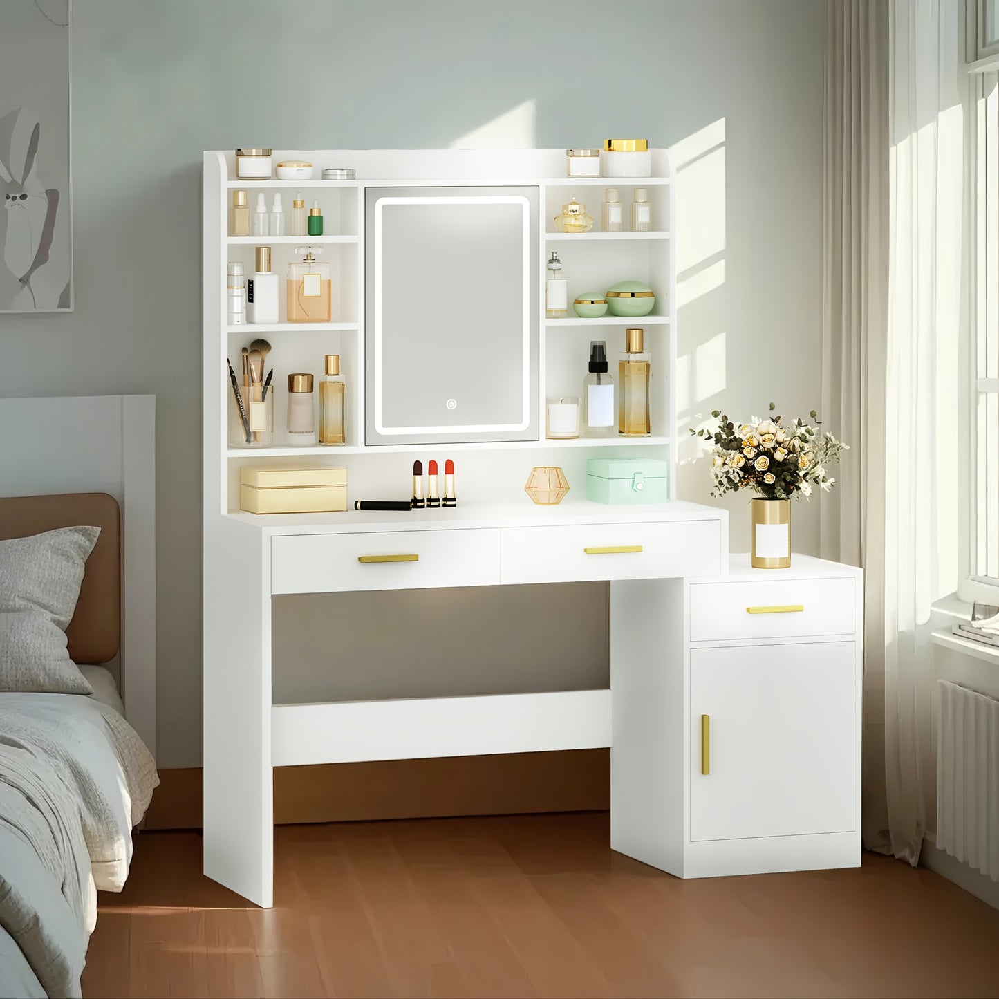 Jewelry Cabinet, Dressing Table, Large Tabletop with Mirror, 3 Drawers And 1 Cabinet, Open Multi-Tier Shelves, for Bedroom, Wardrobe, 40 X 130 X 149cm, White, Jewelry Armoires