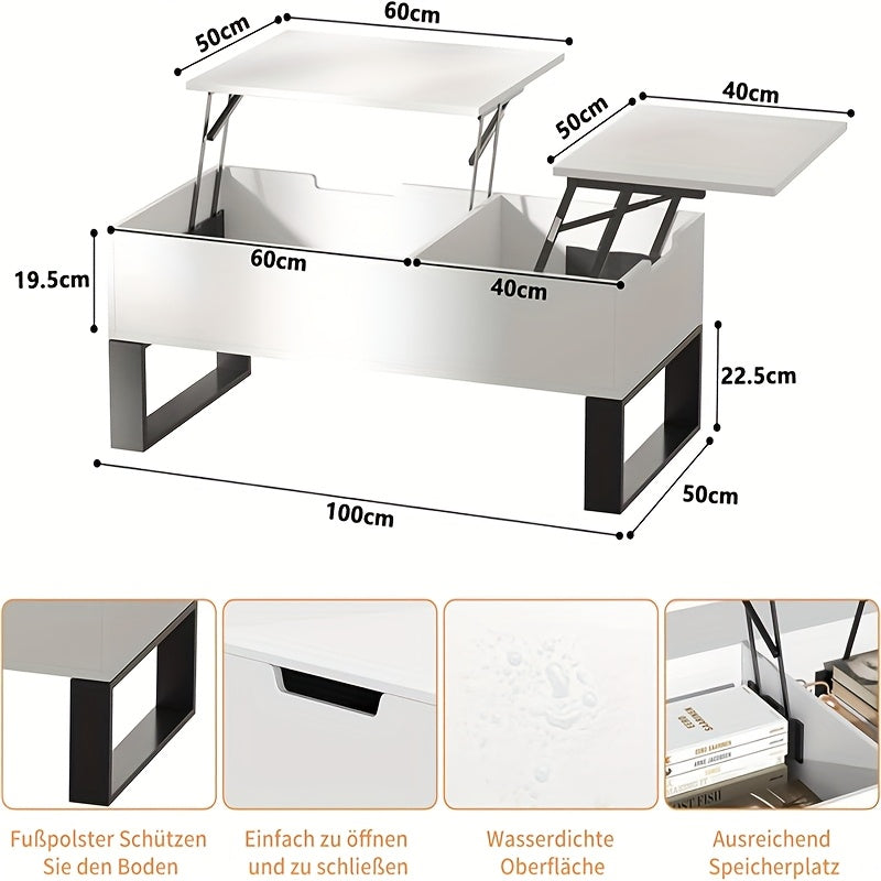 Verstelbare Salontafel – Multifunctionele Tafel – Opbergtafel – Liftbare Koffietafel – Uitklapbare Tafel – Hoogte Verstelbaar – Ruime Verborgen Opslag – Modern Wit 100x50x40 cm