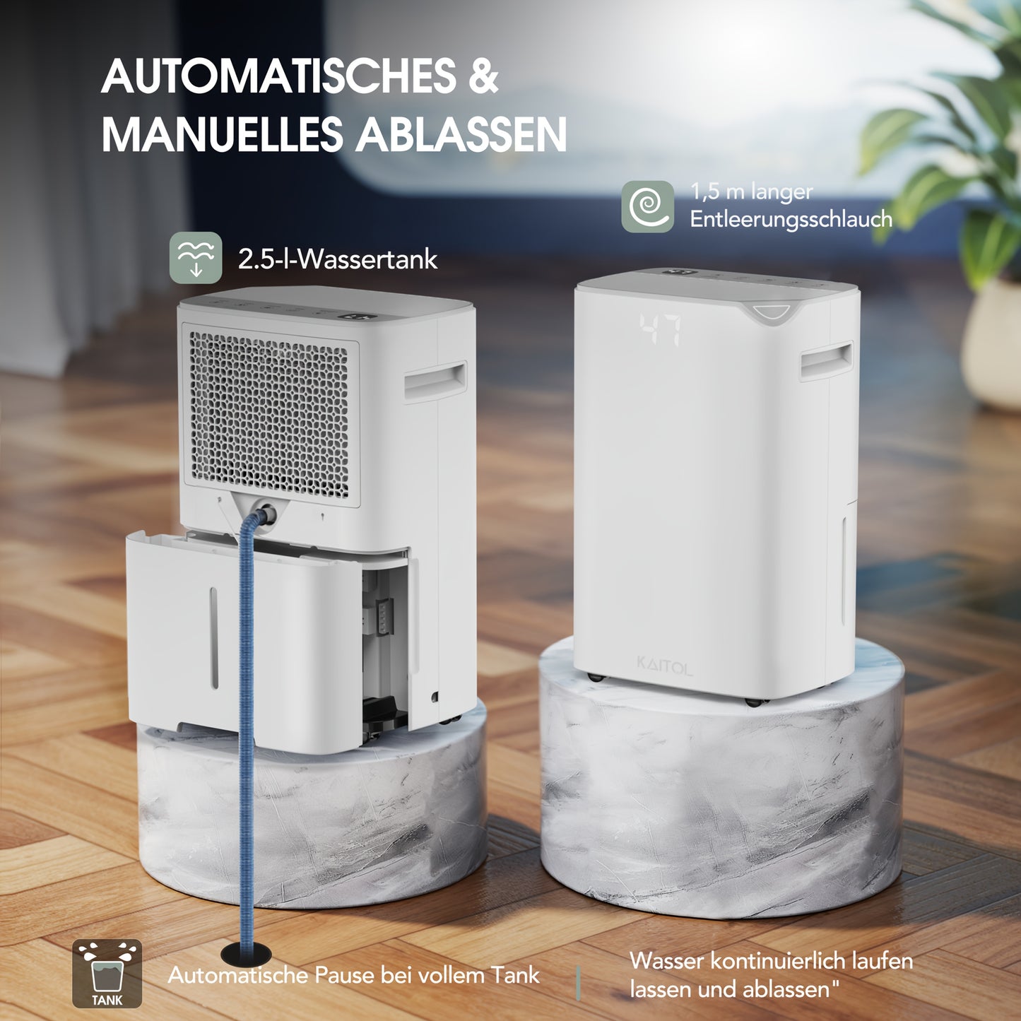 Luchtontvochtiger – Ontvochtiger – Vochtvreter – Droger – Vochtbestrijder – 20L Capaciteit – Stil Geluid <38dB – Wit – Automatische Vochtigheidssensor – 24-Uurs Timer – Grote 2,5L Tank – Mobiel Met Wieltjes