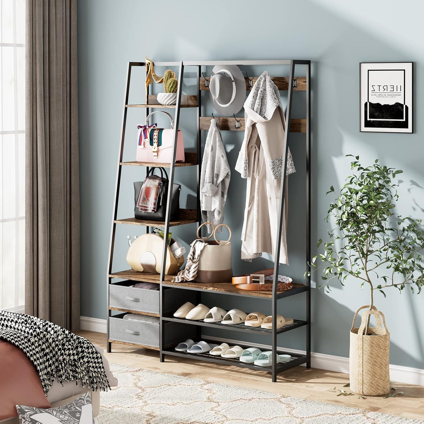 Kapstok – Garderobekast – Garderoberek – Staande Kapstok – Opbergkast – Industriële Garderobe – 9 Dubbele Haken – Zitbankje Met Opbergruimte – 122x40x180 cm – Metaal en Hout