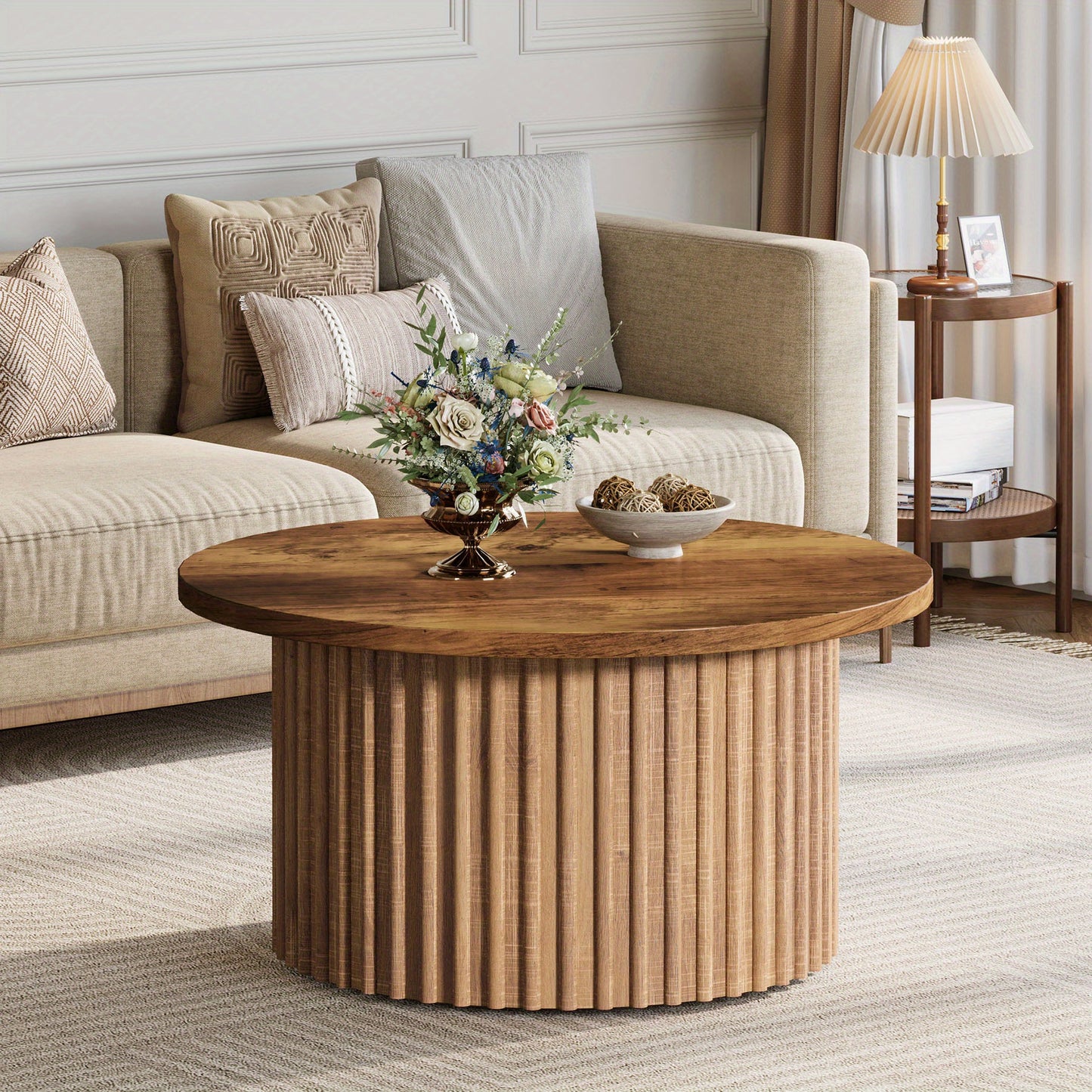 Ronde Salontafel – Farmhouse Koffietafel – Woonkamer Tafel – Bijzettafel – Rond Houten Tafel – Metalen Onderstel – Modern Eiken Look – Duurzaam & Ruimtelijk