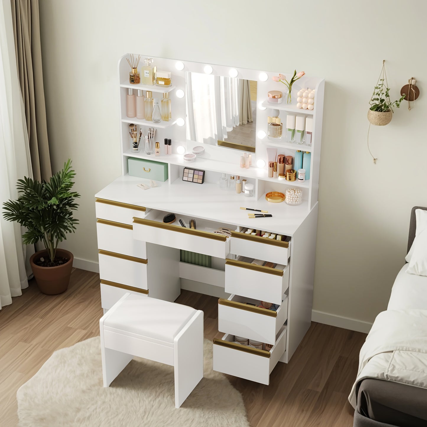 Dressing Table, 3 Colors, Adjustable Brightness, Large HD Mirror, 1 Large Drawer And 8 Small Drawer Cabinets, 9 Open Shelves, White