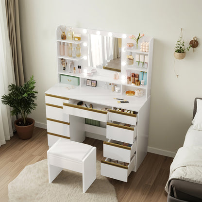 Dressing Table, 3 Colors, Adjustable Brightness, Large HD Mirror, 1 Large Drawer And 8 Small Drawer Cabinets, 9 Open Shelves, White