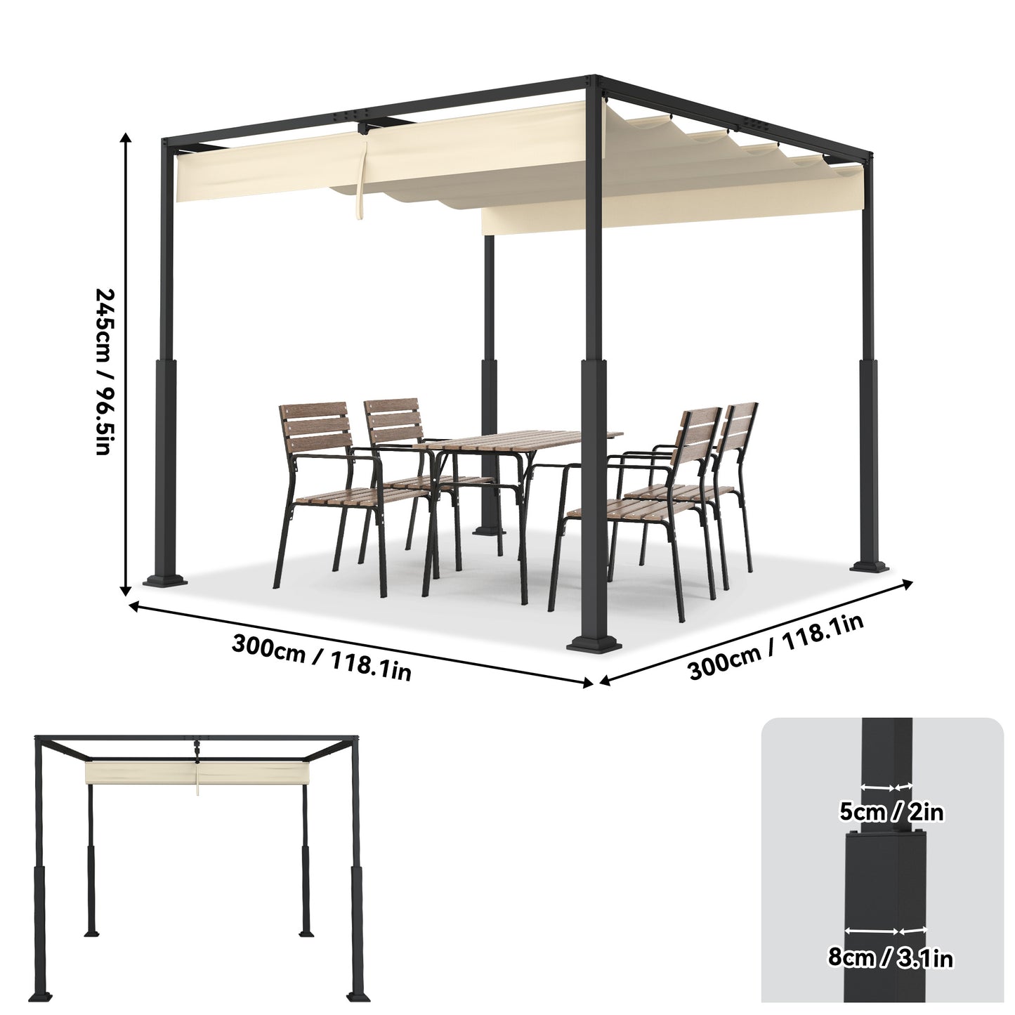 Pergola – Tuinpaviljoen – Terrasoverkapping – Tuinoverkapping – Balkonoverkapping – 3x3 m – Verstelbare Schaduw – Stevig Aluminium Frame