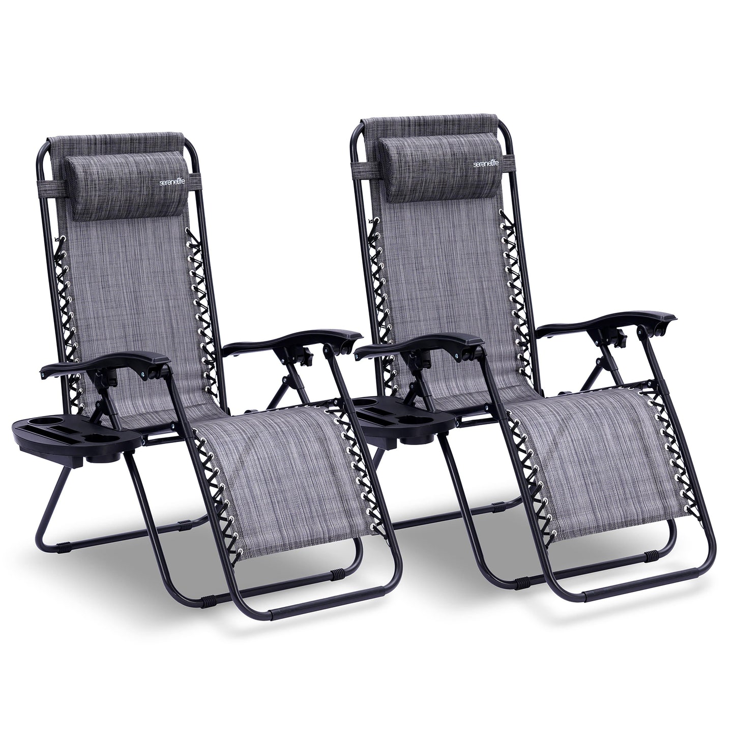 Loungestoel – Tuinstoel – Relaxstoel – Ligstoel – Fauteuil – Verstelbaar Zero Gravity – Weerbestendig Stalen Frame – Inclusief Afneembaar Tafeltje en Bekerhouders – Grijs