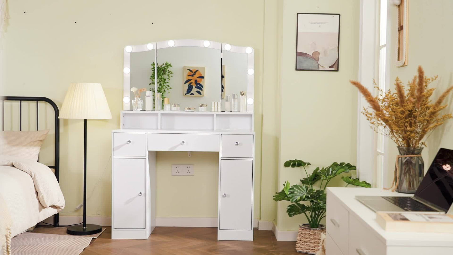 Kaptafel – Make-uptafel – Beautytafel – Toiletmeubel – Dressoir – Wit – Driedelige Vouwspiegel – 10 LED Lampen en Stopcontacten