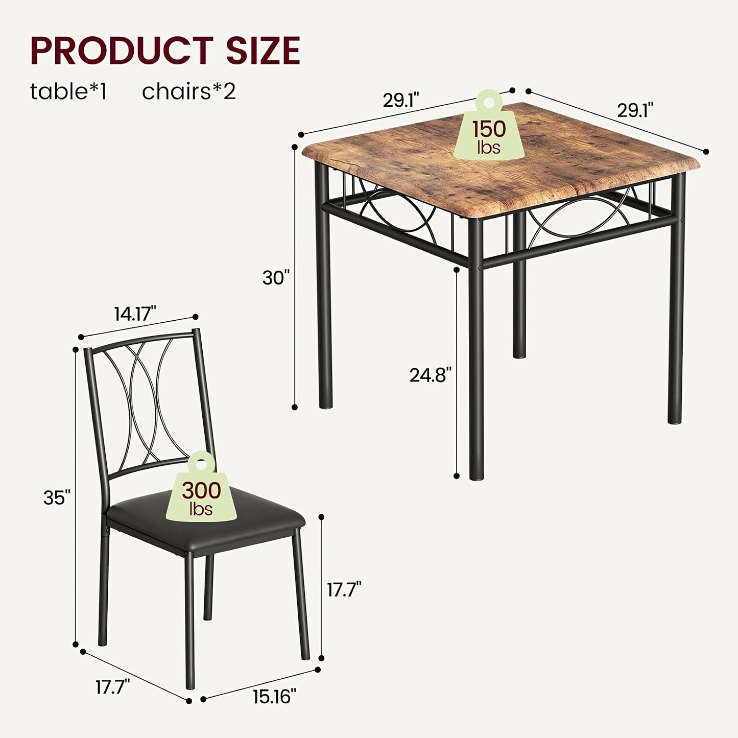 Eetkamerset – Diningset – Tafel Met Stoelen – Keukenset – Bistroset – Vintage Kleur – Compact Formaat – Massief Hout & Metaal