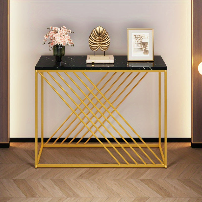 Sidetable – Console Tafel – Wandtafel – Haltafel – Dressoir – Zwart-Goud MDF – 100x35x77 cm – Hoogglans Blad – Stevig Metalen Frame