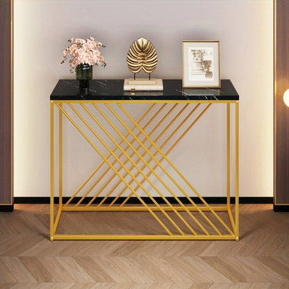 Sidetable – Console Tafel – Wandtafel – Haltafel – Dressoir – Zwart-Goud MDF – 100x35x77 cm – Hoogglans Blad – Stevig Metalen Frame