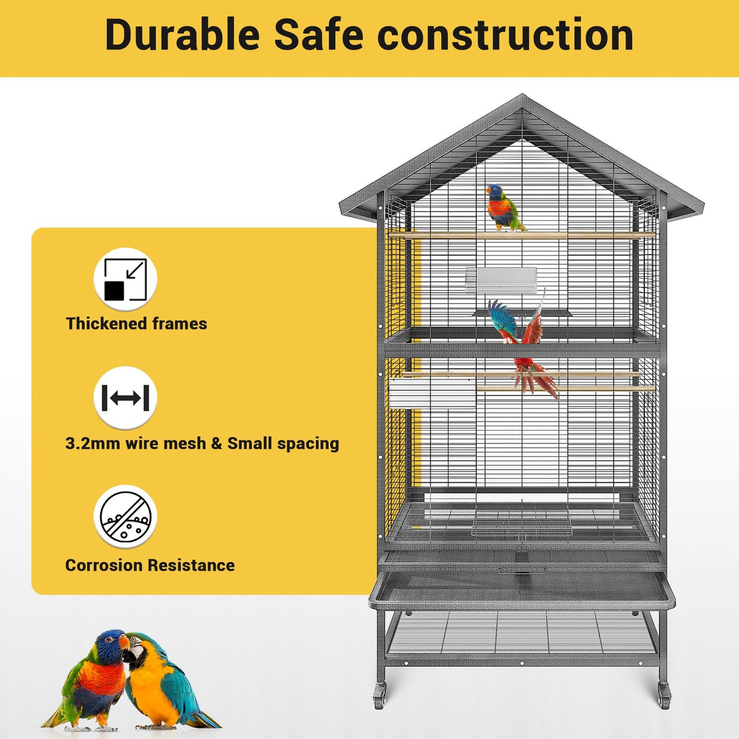 Vogelkooi – Vogelhuis – Vogelkooi Met Wieltjes – Vogelverblijf – Vogelkooi Zwart – Stevige Metaalconstructie – Mobiel Met Opbergruimte