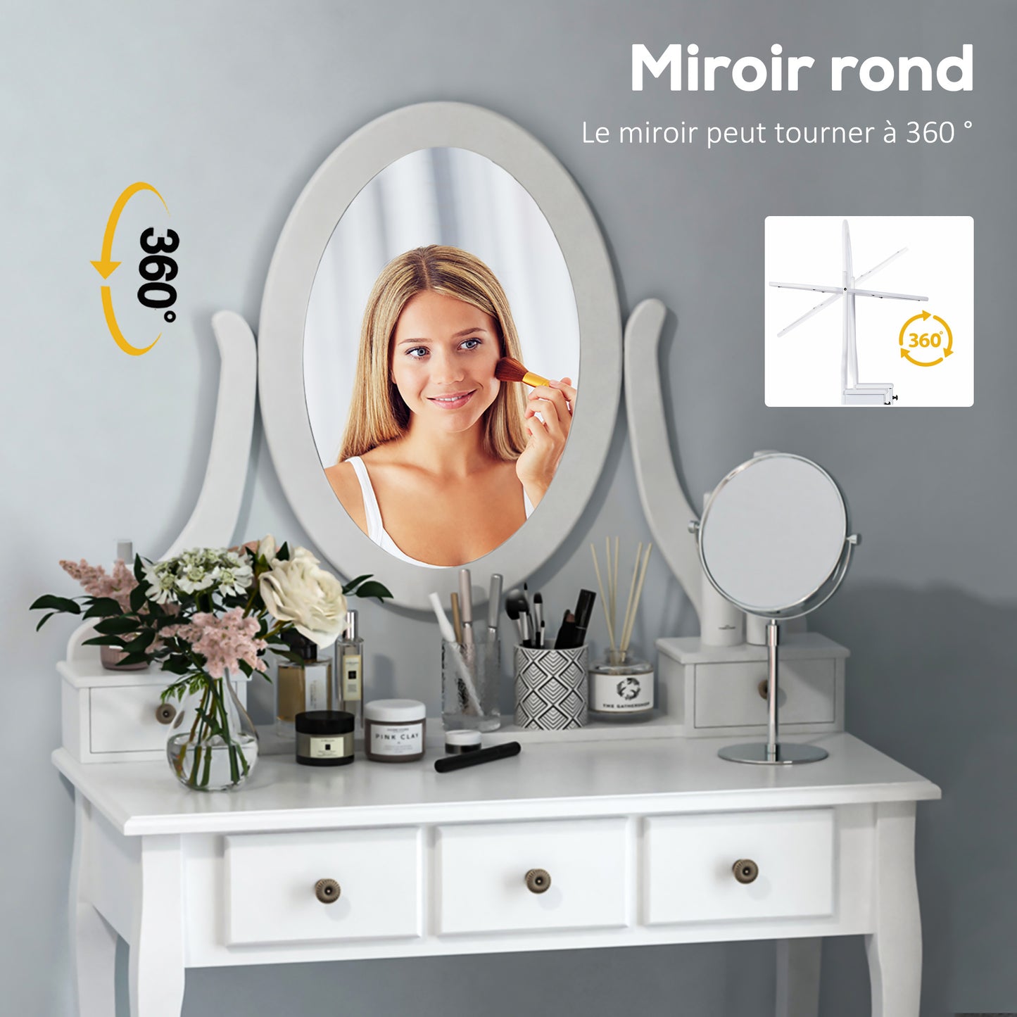 Kaptafel – Make-uptafel – Sieradentafel – Make-upmeubel – Kaptafelset Wit – 5 Ruime Laden – Massief Dennenhouten Poten