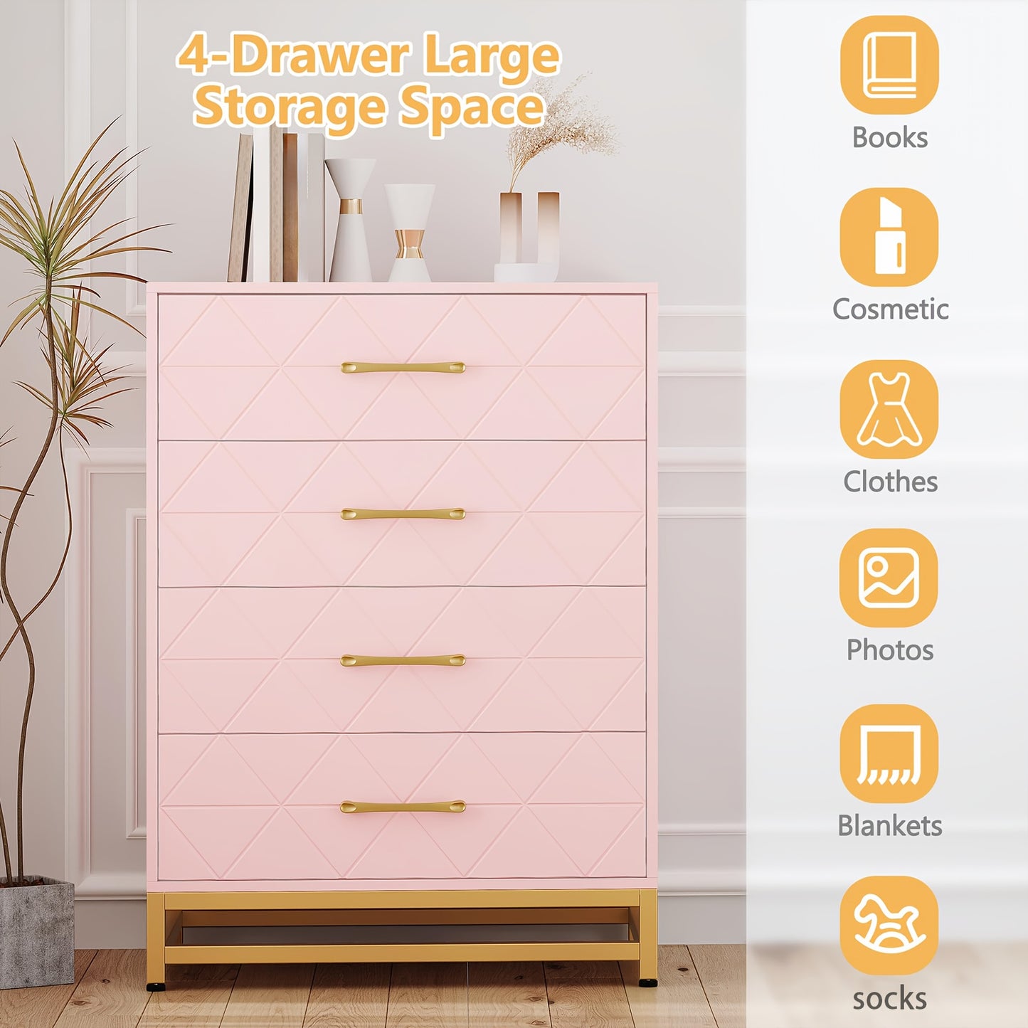 Nachtkastje – Ladekast – Bijzettafel – Opbergkast – Kast – Roze – 4 Lades – Hout – 69 cm Hoog – Gouden Handgrepen – Modern Minimalistisch Design