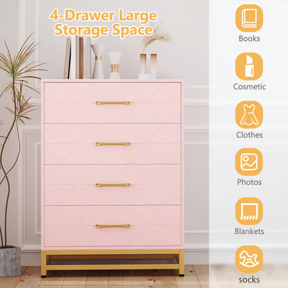 Nachtkastje – Ladekast – Bijzettafel – Opbergkast – Kast – Roze – 4 Lades – Hout – 69 cm Hoog – Gouden Handgrepen – Modern Minimalistisch Design