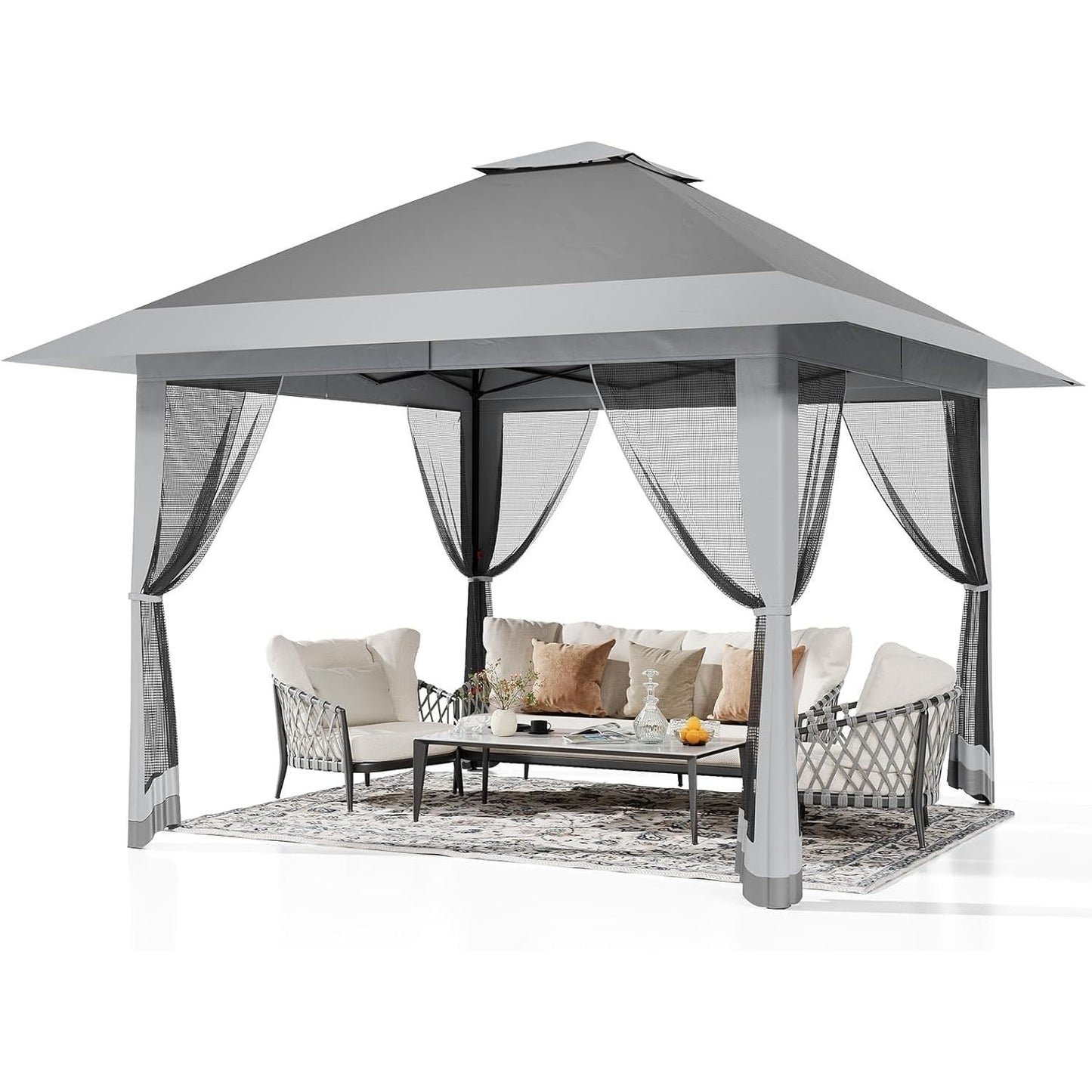Pop-up Tent – Vouwtent – Zonnescherm – Partytent – Tuinentent – Verstelbare Canopy – Insectennet – Lichtgewicht Alloy Staal – Waterafstotende Oxford Stof – 365x365 cm – Draagbare Opbergtas – Donkergrijs/Grijs