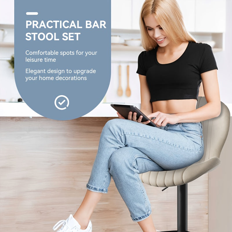 Barstoelen – Barkrukken – Barstoeltje – Keukenkruk – Bistrokruk – Set van 2 – Verstelbare Hoogte – 360° Draaibaar – Beige Kunstleer – Ergonomisch Met Rugleuning En Voetsteun