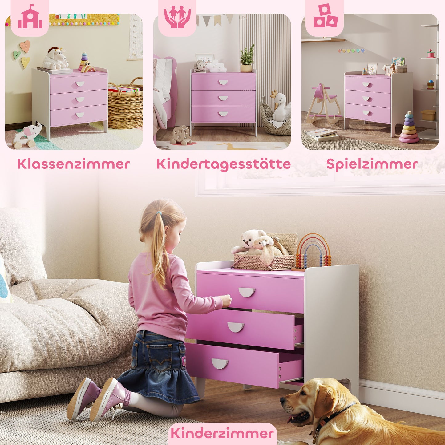 Kinderladekast – Opbergkast Kinderkamer – Ladekast Speelgoed – Kledingkast Kind – Kast Roze Wit – 3 Ruime Lades – Kindvriendelijk Veilig Design