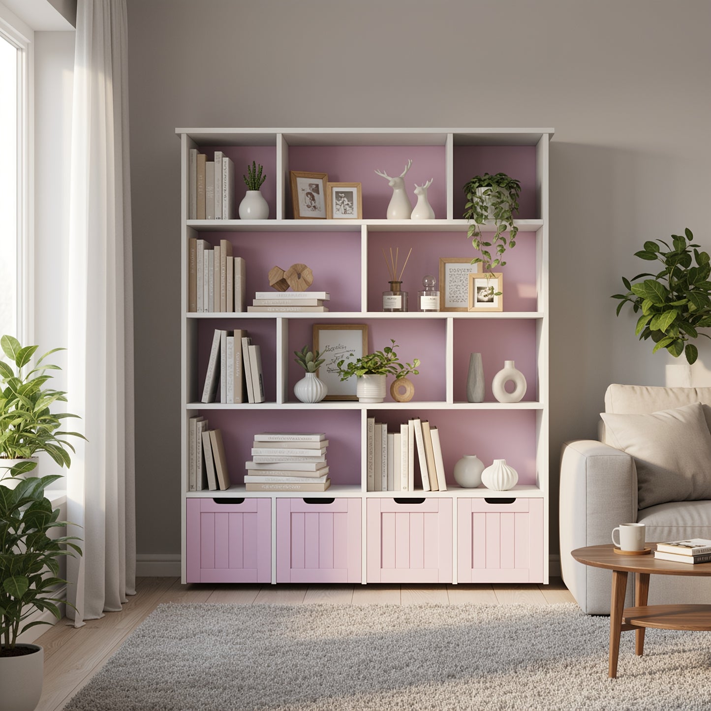 Boekenkast – Opbergkast – Boekenrek – Wandkast – Ladenkast – Houten 5-laags kast – Met 4 laden en open planken – Incl. wieltjes en slot – 68,5 cm hoog – Roze
