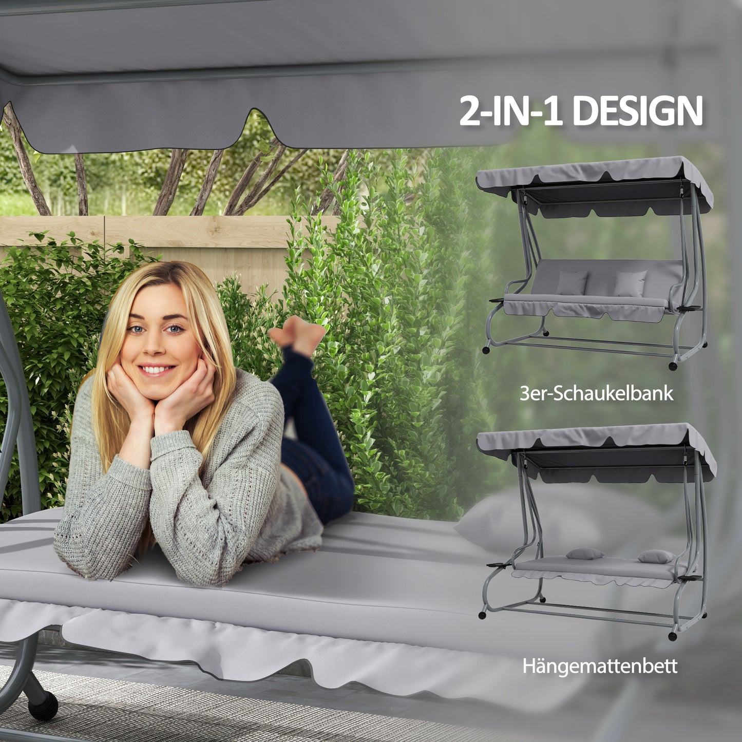 2-In-1 Hollywood Schommelstoel – Tuinbank – Schommelbank – Ligstoel – Buitenstoel – Lichtgrijs – Gepoedercoat Staal – Verstelbaar Dak En Rugleuning