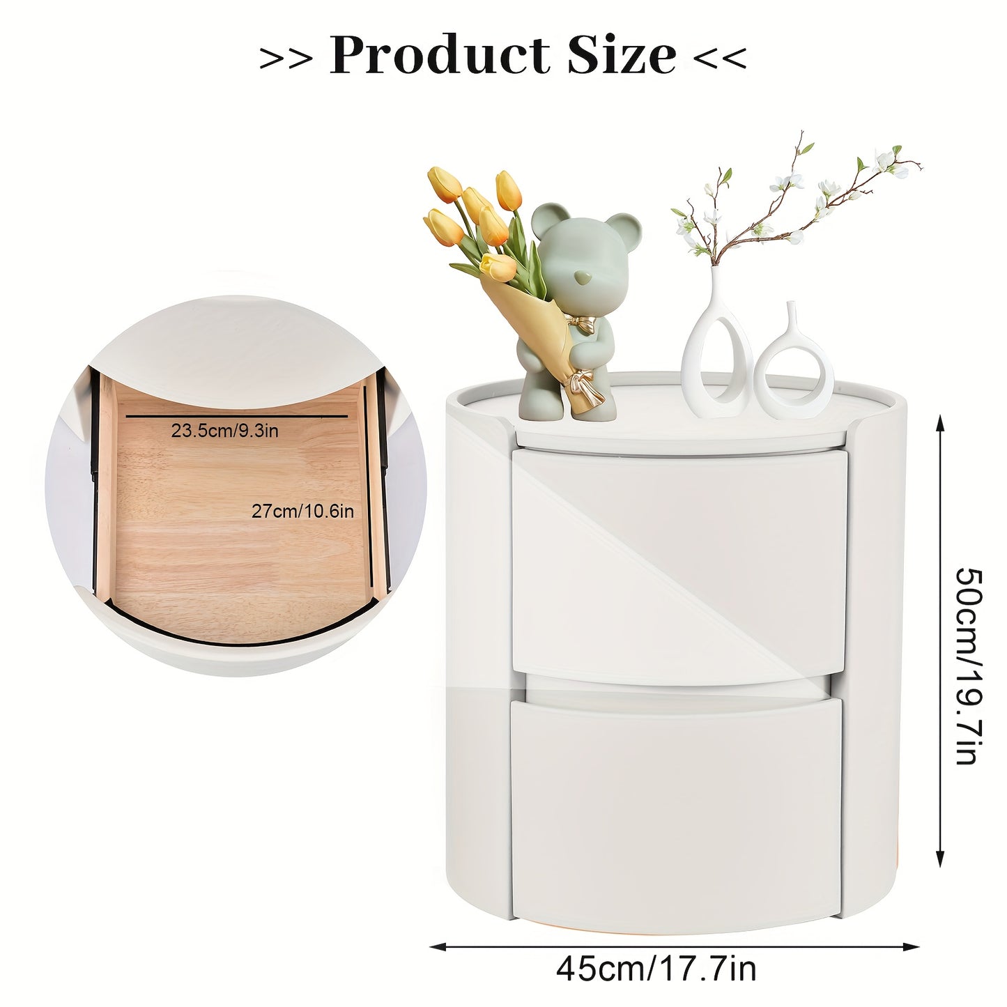 Ronde Nachtkastje – Modern Nachtkastje – Houten Nachtkastje – Minimalistisch Nachtkastje – Opbergkastje – 45x45x50 cm – Dubbele Lades Met Leder Top – Duurzaam Massief Hout