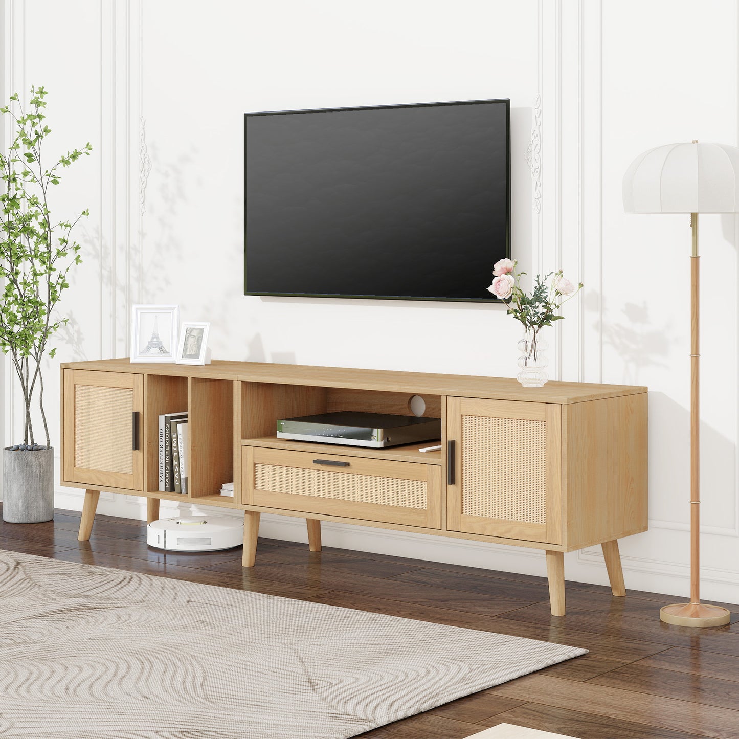 BTM TV Lowboard with Wood Look, Rattan Doors, and Drawer, 180 cm TV Stand for 80-Inch TVs, TV Cabinet with Cable Management, Storage Space & Solid Wood Legs, Scandinavian Design