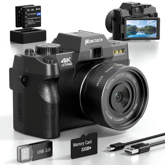 NBD 4K 48MP Vlogging Camera with 180° Flip Screen, 16X Digital Zoom, 2 Batteries & 32GB SD Card - Beginner-Friendly Photography & Video Camera with Built-in Flash, Auto Focus, Hybrid AF, Macro Lens, USB/WiFi Connectivity, Co