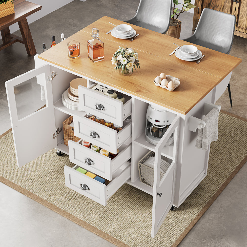 White Mobile Kitchen Island Cart with 4 Drawers, 2 Doors & Adjustable Shelves - Heavy-Duty Metal Frame on Locking Casters, Pull-Out Trolley, Spice Rack & Towel Rail - Compact Rolling Cabinet for Small Spaces, Easy Assembly (N