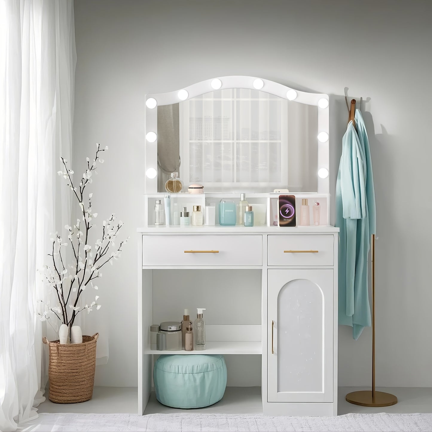 Kaptafel – Make-up Tafel – Cosmeticatafel – Vanity – Opmaaktafel – Wit met Gouden Accenten – Grote HD Spiegel – 2 Laden en Opbergkast