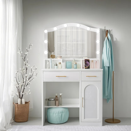 Kaptafel – Make-up Tafel – Cosmeticatafel – Vanity – Opmaaktafel – Wit met Gouden Accenten – Grote HD Spiegel – 2 Laden en Opbergkast