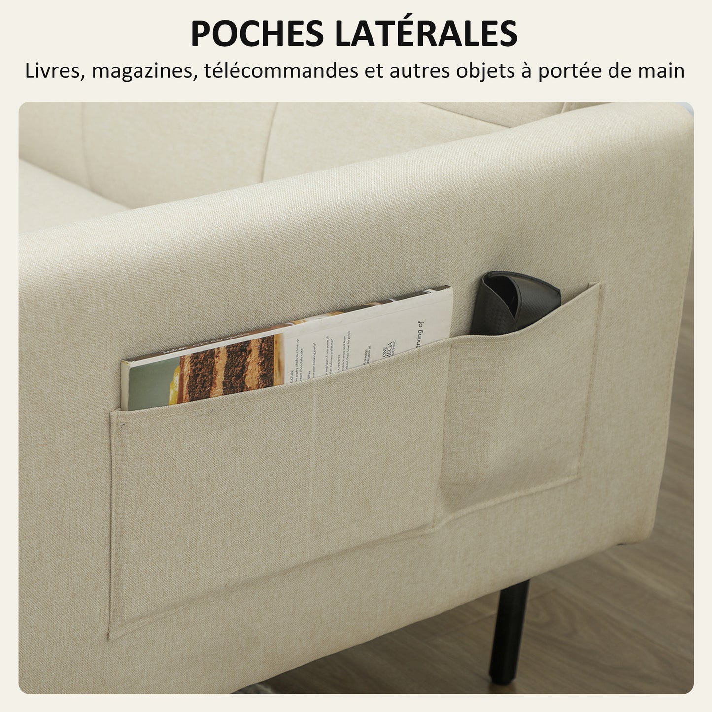 Bankbed – Slaapbank – Bedbank – Zetelbed – Logeerbed – 3-Zits – Verstelbare Rugleuning – Beige Linnenstof – Click-Clack Mechanisme – Zijvakjes