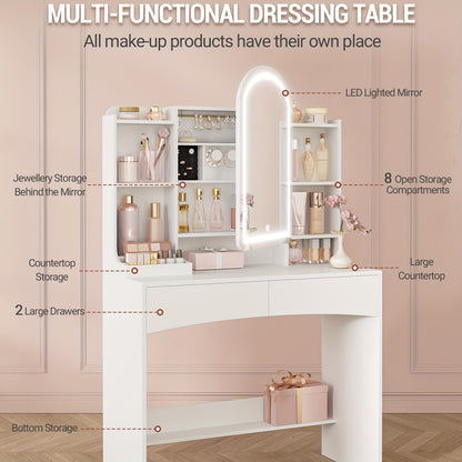 Dressing Table With LED Lighting, Large 90cm Table Top, Dresser With Arched Round Mirror, Hidden Jewellery Organiser Behind The Mirror, 3 Colours, White