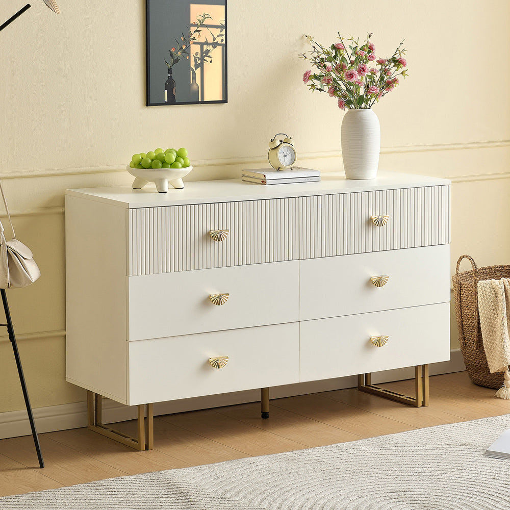 Dressoir – Sideboard – Ladekast – Opbergkast – Commode – Wit met Gouden Accenten – 6 Laden – 120x40x75 cm – Eigentijds Design