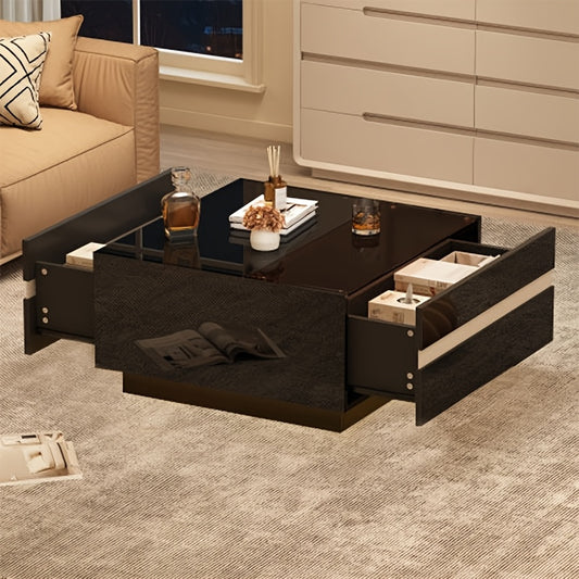 Salontafel – Koffietafel – Bijzettafel – Woonkamertafel – Tafeltje – Modern Vierkant – Gehard Glas – 2 Opberglades – Bamboe Frame – Eenvoudige Montage