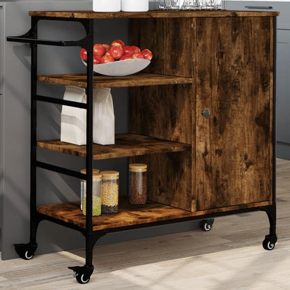 Keukentrolley – Keukenwagen – Serveerwagen – Keukenrek – Opbergtrolley – Rook Eiken – Hout & Staal – 87,5x38,5x84,5 cm