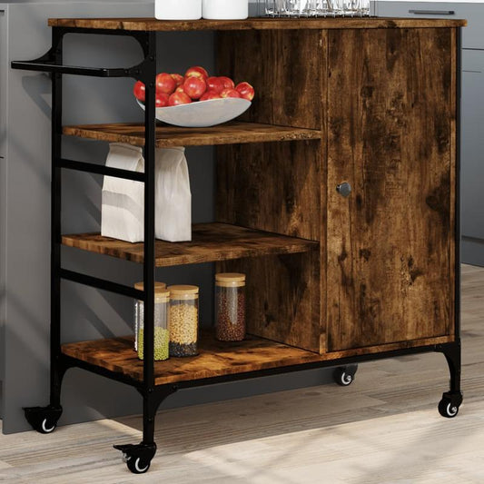 Keukentrolley – Keukenwagen – Serveerwagen – Keukenrek – Opbergtrolley – Rook Eiken – Hout & Staal – 87,5x38,5x84,5 cm