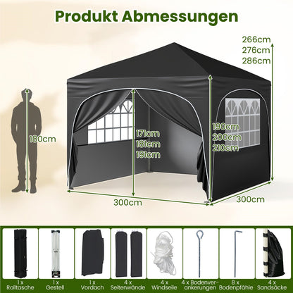 3 x 3 m Vouwpaviljoen – Tuinkamer – Partytent – Overkapping – Paviljoen – 4 Afneembare Zijwanden – UV 50+ Bescherming – Inclusief Zakken, Haringen en Opbergtas (Zwart)